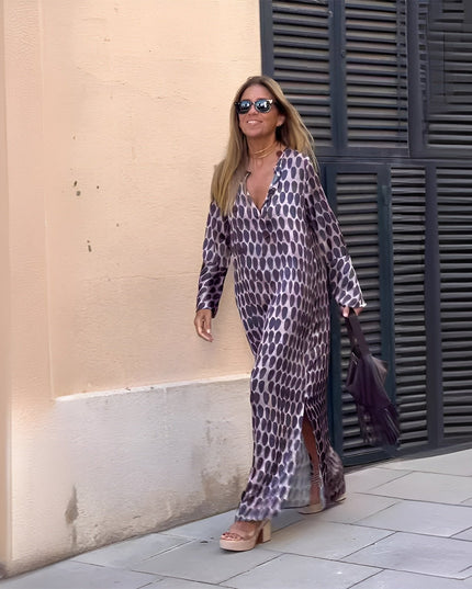 Purple boho printed V neck maxi dress with long sleeves and side slit