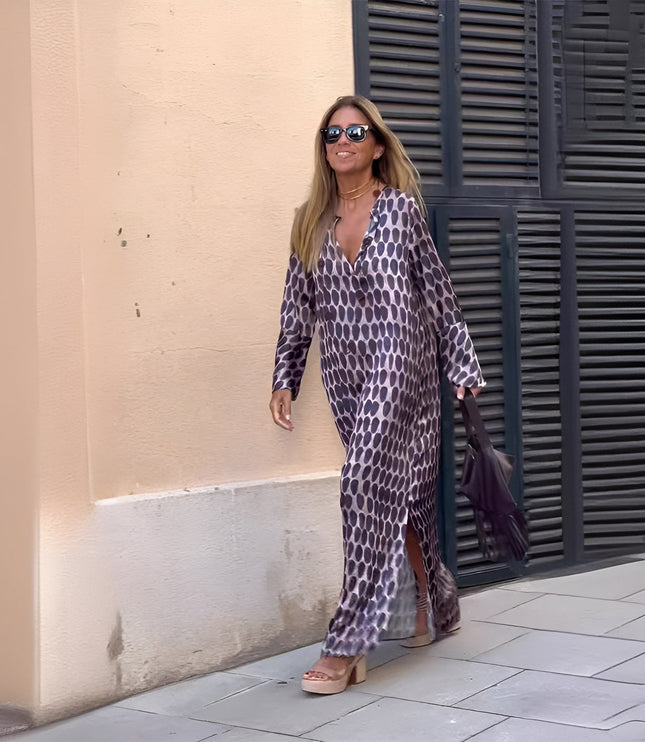 Purple boho printed V neck maxi dress with long sleeves and side slit