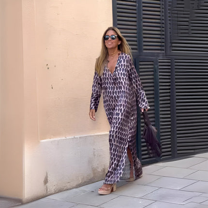 Purple boho printed V neck maxi dress with long sleeves and side slit