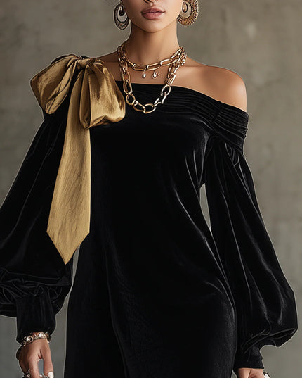 Women's Bow Shoulder Bardot Mini Velvet Dress