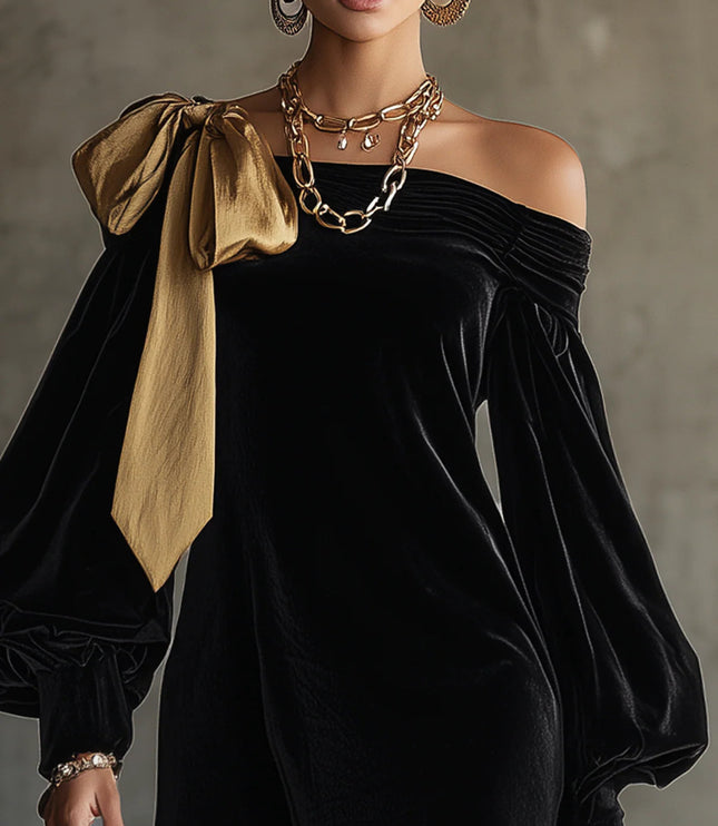 Women's Bow Shoulder Bardot Mini Velvet Dress