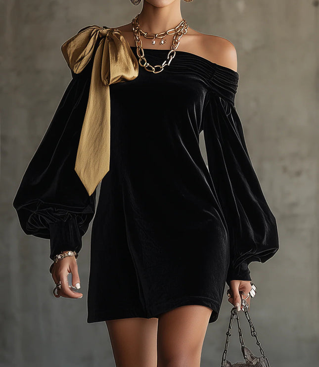 Women's Bow Shoulder Bardot Mini Velvet Dress