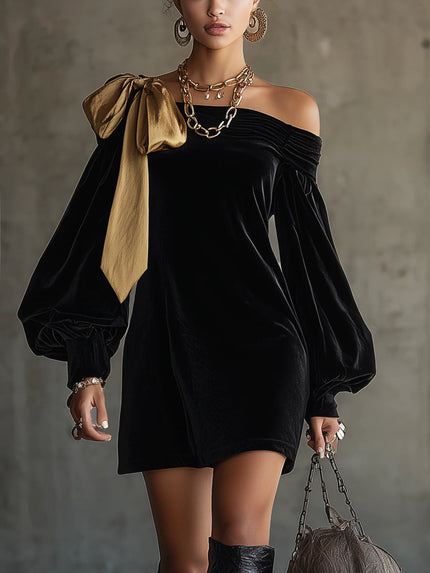 Women's Bow Shoulder Bardot Mini Velvet Dress