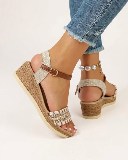 Back view of platform wedge sandals showing braided texture and chain embellishment on footbed