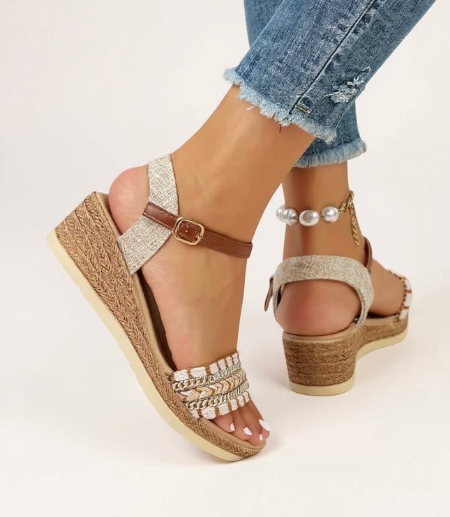 Back view of platform wedge sandals showing braided texture and chain embellishment on footbed