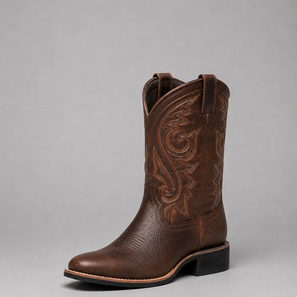 Women's Embroidered Leather Western Ankle Boots Block Heel - Brown