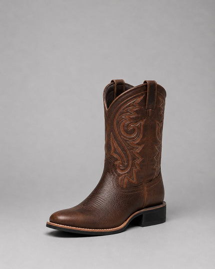 Women's Embroidered Leather Western Ankle Boots Block Heel - Brown