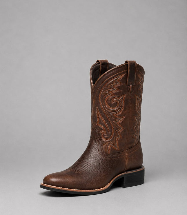 Women's Embroidered Leather Western Ankle Boots Block Heel - Brown