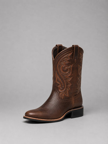 Women's Embroidered Leather Western Ankle Boots Block Heel - Brown