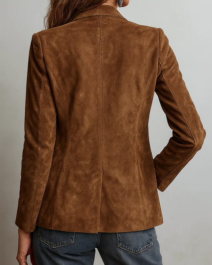Women's Brown Faux Suede Blazer with Patch Pockets