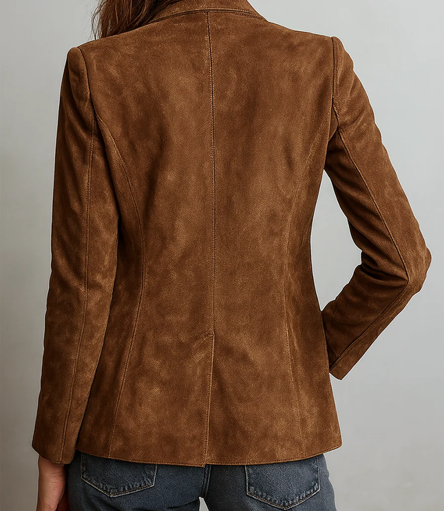 Women's Brown Faux Suede Blazer with Patch Pockets