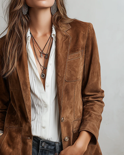 Women's Brown Faux Suede Blazer with Patch Pockets