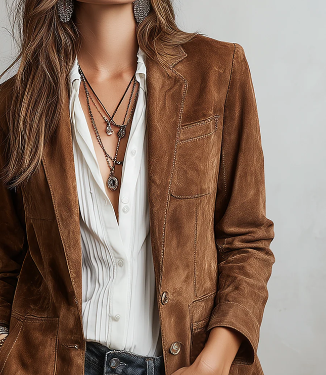 Women's Brown Faux Suede Blazer with Patch Pockets