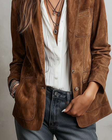 Women's Brown Faux Suede Blazer with Patch Pockets