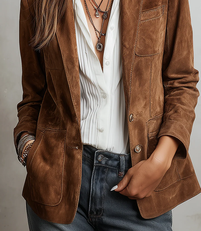Women's Brown Faux Suede Blazer with Patch Pockets