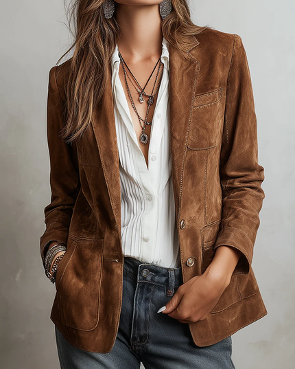 Women's Brown Faux Suede Blazer with Patch Pockets