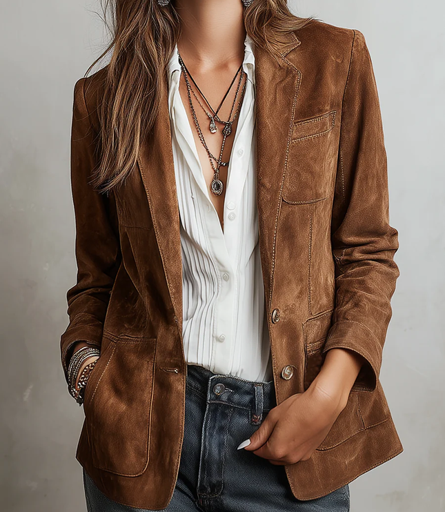 Women's Brown Faux Suede Blazer with Patch Pockets