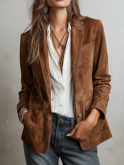 Women's Brown Faux Suede Blazer with Patch Pockets