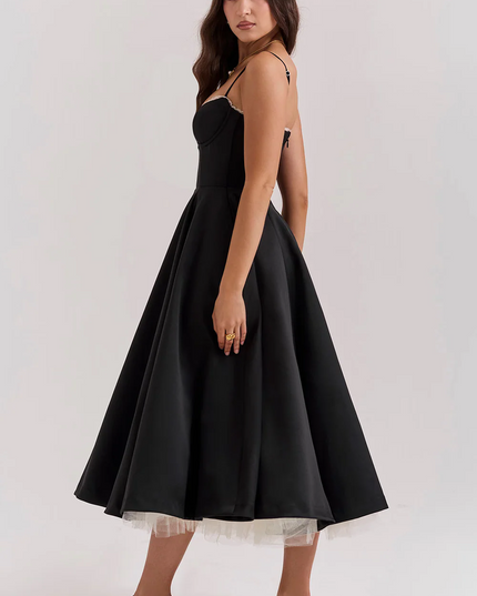 Women's Bustier Midi Dress with Lace Trim and Pockets