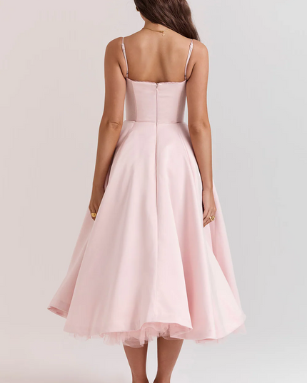Women's Bustier Midi Dress with Lace Trim and Pockets