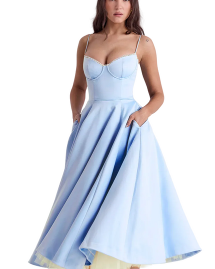 Women's Bustier Midi Dress with Lace Trim and Pockets