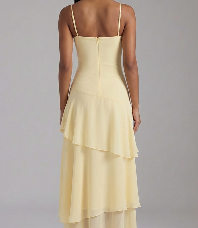 Vestido midi floral amarillo mantequilla para invitada de boda mujer