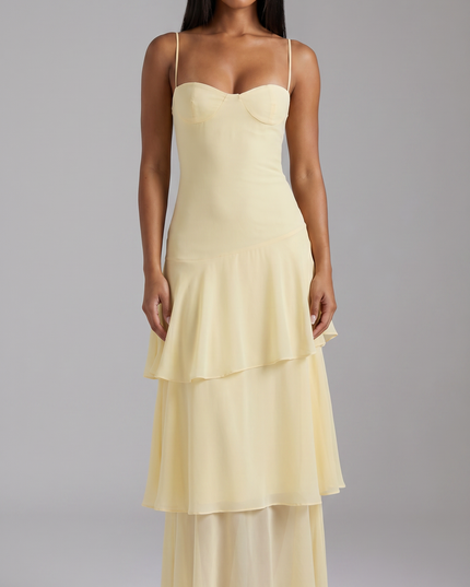 Vestido midi floral amarillo mantequilla para invitada de boda mujer