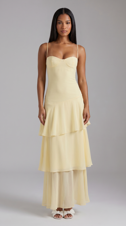 Vestido midi floral amarillo mantequilla para invitada de boda mujer