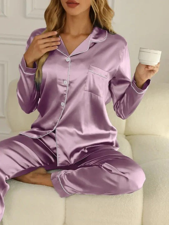 Women's Buttoned Satin Contrast Edge Pyjamas