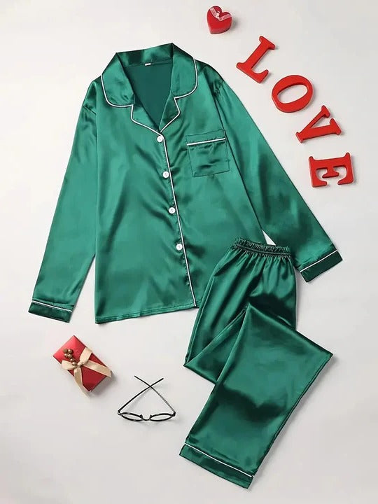 Women's Buttoned Satin Contrast Edge Pyjamas