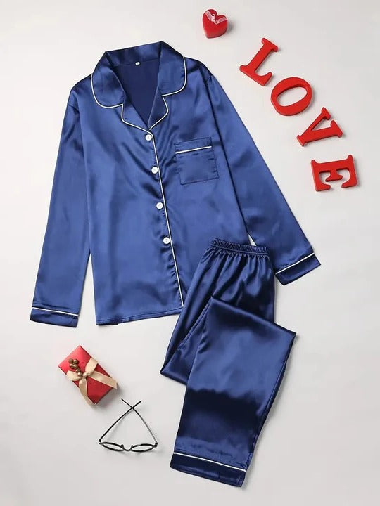 Women's Buttoned Satin Contrast Edge Pyjamas