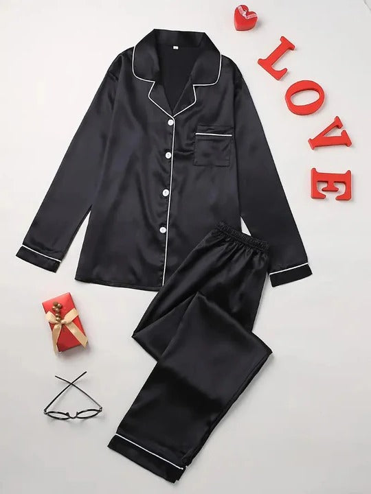 Women's Buttoned Satin Contrast Edge Pyjamas