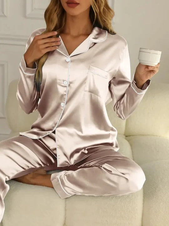 Women's Buttoned Satin Contrast Edge Pyjamas