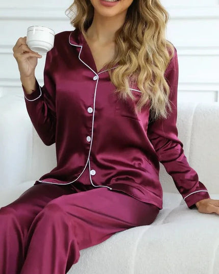 Women's Buttoned Satin Contrast Edge Pyjamas