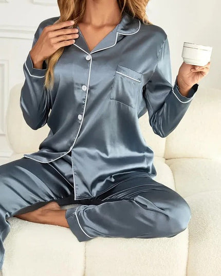 Women's Buttoned Satin Contrast Edge Pyjamas