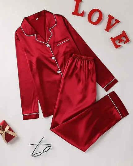 Women's Buttoned Satin Contrast Edge Pyjamas