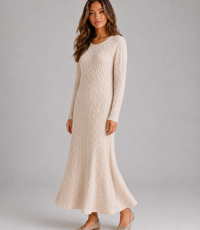 Women's Cable Knit Maxi Jumper Dress with Long Sleeves