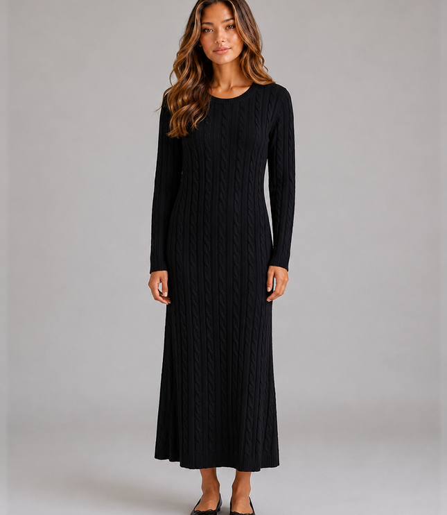 Women's Cable Knit Maxi Jumper Dress with Long Sleeves