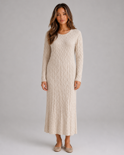 Women's Cable Knit Maxi Jumper Dress with Long Sleeves