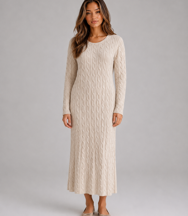 Women's Cable Knit Maxi Jumper Dress with Long Sleeves