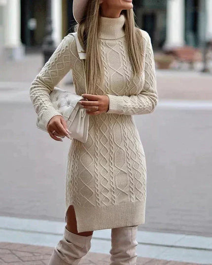 Women's Cable Pattern Roll Neck Knitted Jumper Dress