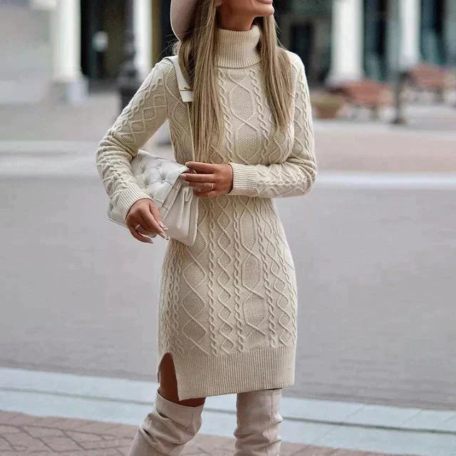 Women's Cable Pattern Roll Neck Knitted Jumper Dress