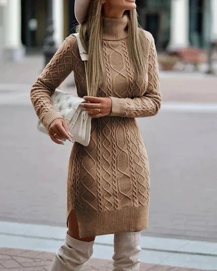 Women's Cable Pattern Roll Neck Knitted Jumper Dress