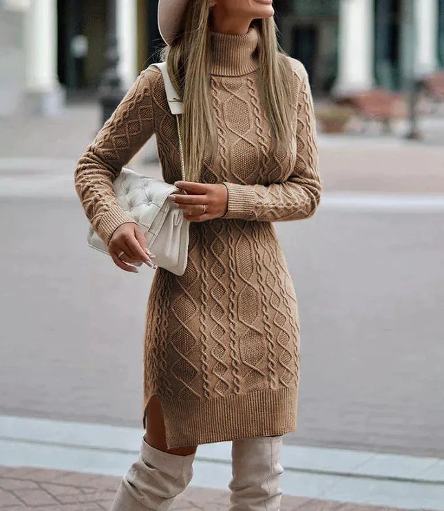 Women's Cable Pattern Roll Neck Knitted Jumper Dress