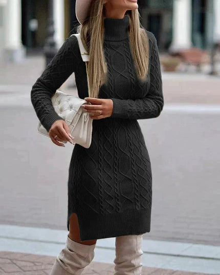 Women's Cable Pattern Roll Neck Knitted Jumper Dress