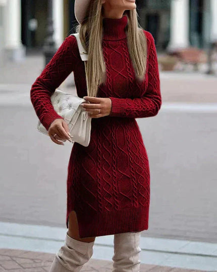 Women's Cable Pattern Roll Neck Knitted Jumper Dress