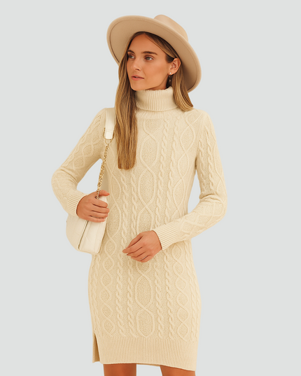 Women's Cable Pattern Roll Neck Knitted Jumper Dress