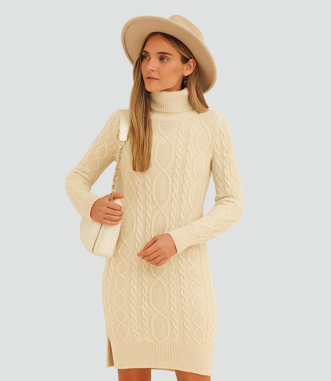 Women's Cable Pattern Roll Neck Knitted Jumper Dress
