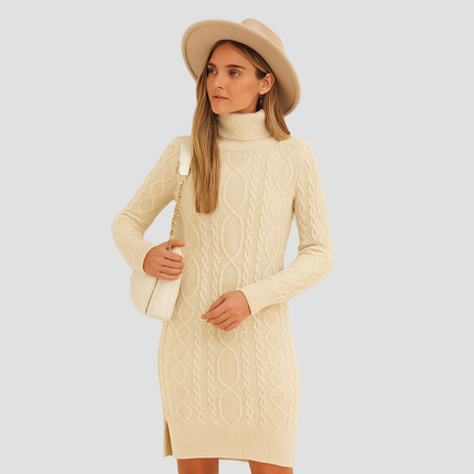 Women's Cable Pattern Roll Neck Knitted Jumper Dress