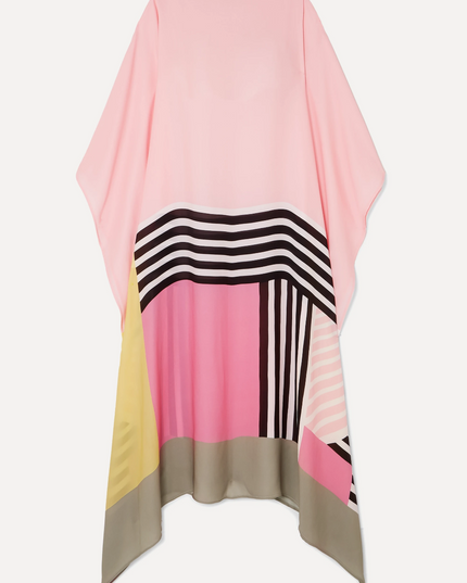 Flat lay of pink maxi dress showing geometric color block and striped pattern throughout
